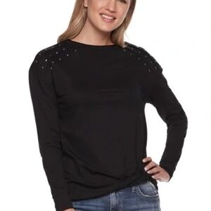 Rock & Republic Black Long Sleeve Twisted Hem Crewneck Top Sz L